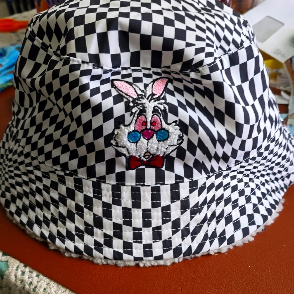 Checkered Bucket Hat with Rabbit Embroidery